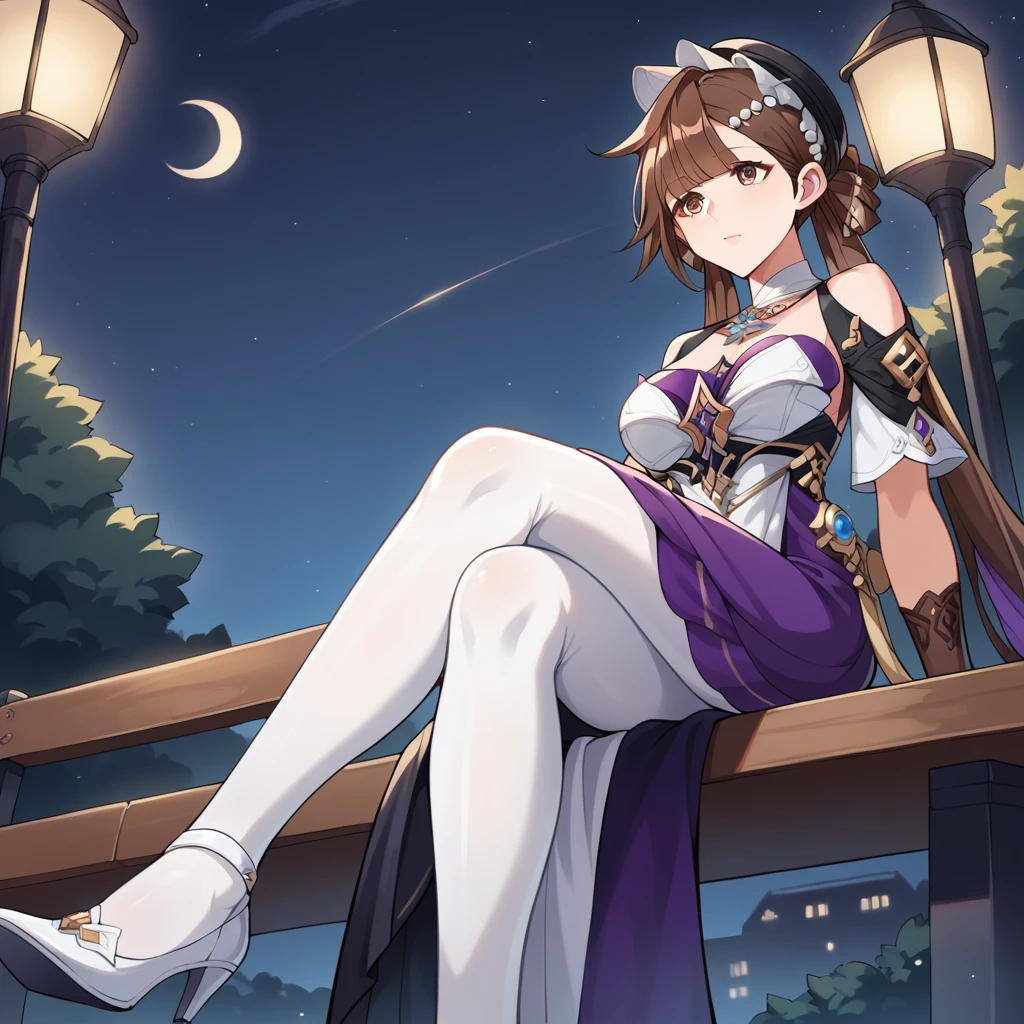 score_9_up, score_8_up, score_7_up, source_anime, masterpiece, best quality, 1girl, solo, Sushang, Sus_MN, night time, street lamp, plants, trees, sitting on bench, crossed legs, from below, from side, seductive, white footwear, high heels, looking up at stars, leaning backwards, starry sky, moon light, long hair, twintails, brown eyes, strapless dress, white pantyhose, white dress, purple dress, black hat, necklace, jewelry, bare shoulders, black gloves, detached sleeves, short sleeves, side cape, black cape, dynamic cowboy shot, mature body, outdoors, park cityscape background