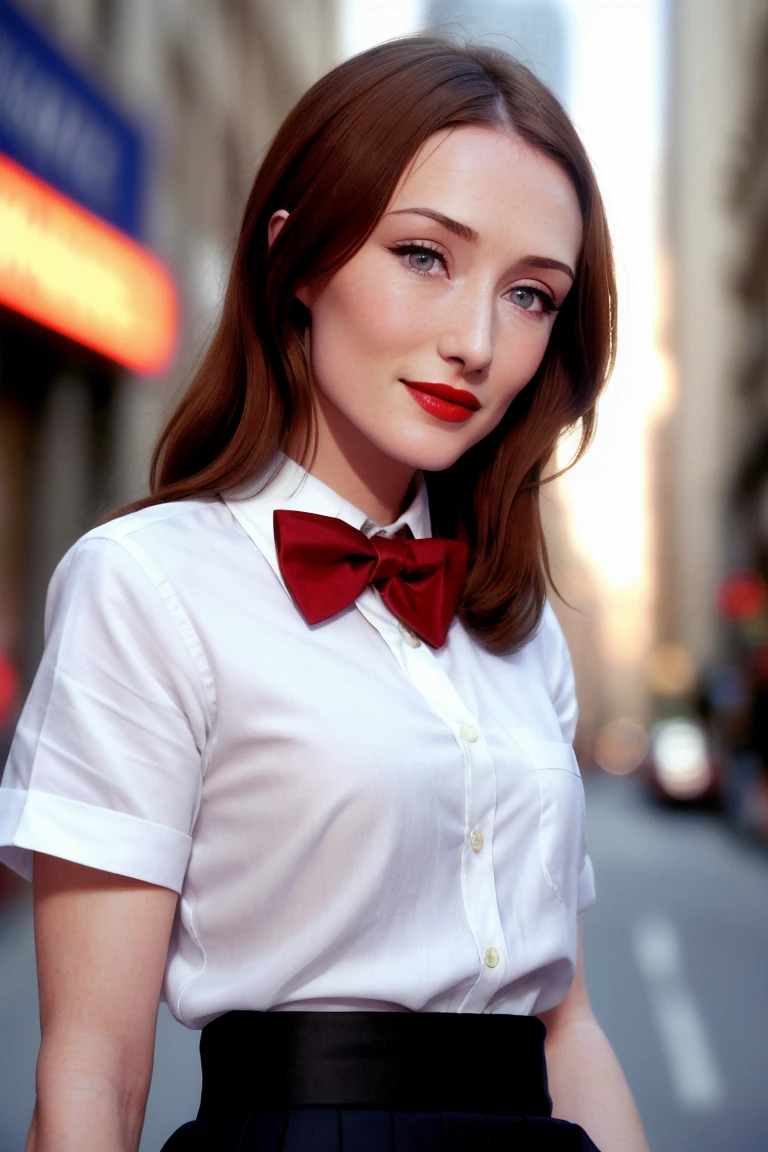 caricevanhouten, ((detailed skin, detailed face,detailed eyes, beautiful eyes)), ((red lipstick, blush, eye shadow, eyeliner, pale skin)),  , photo of a woman, ,beautiful picture, fully clothed, outside, ((bow tie, thighhighs, shirt, skirt)), city street, sunset, detailed, epic, closeup,