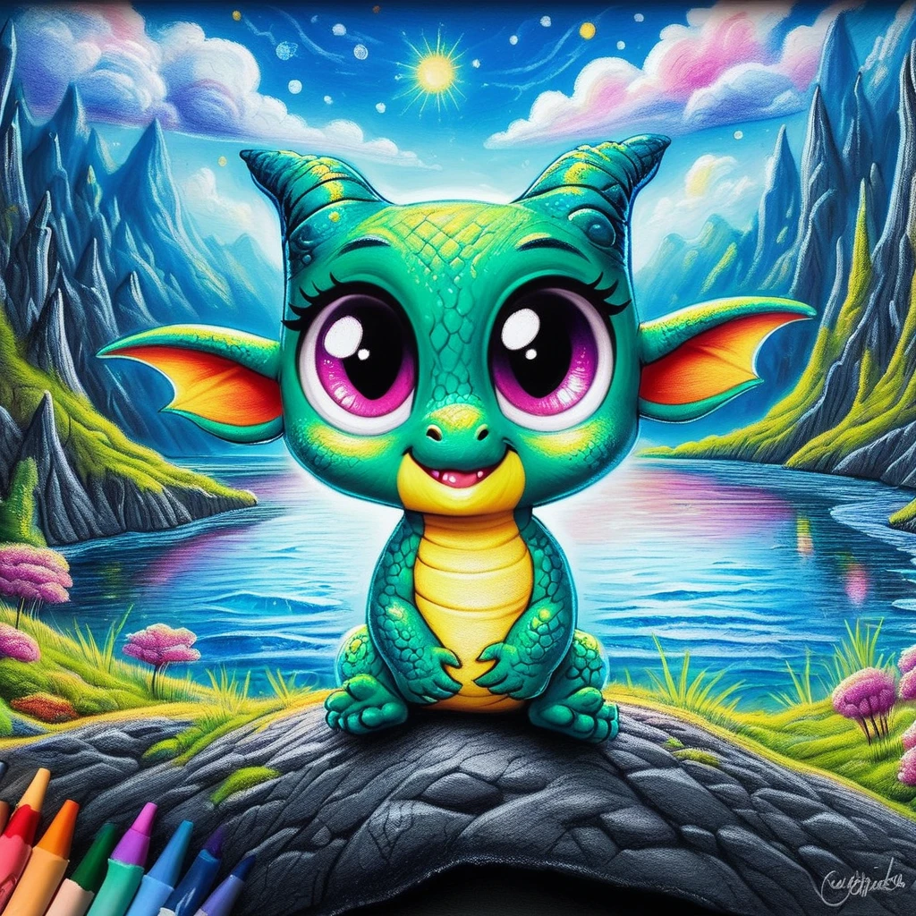 zpdx2,baby dragon, cr4y0n, cave, glittering lake, fantastical, whimsical, cute, big eyes , crayon drawing, colorful,  <lora:Colorful_Crayons_Pony:0.8>