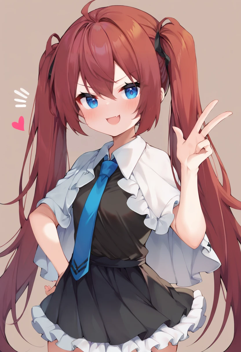 score_9, score_7_up, 1girl,
open mouth, twintails, brown background, blush, heart, black skirt, v, necktie, shirt, frilled capelet, white capelet, v-shaped eyebrows, sleeveless shirt, looking at viewer, solo, capelet, two-tone background, long hair, blue necktie, frilled skirt, hand on own hip, bare arms, collared shirt, black shirt, blue eyes, sleeveless, :d, red hair, fang, frills, skirt, very long hair, hair between eyes, smile
<lora:hecha_(01964237)-Style-PonyXL-DoRA-000044:1>