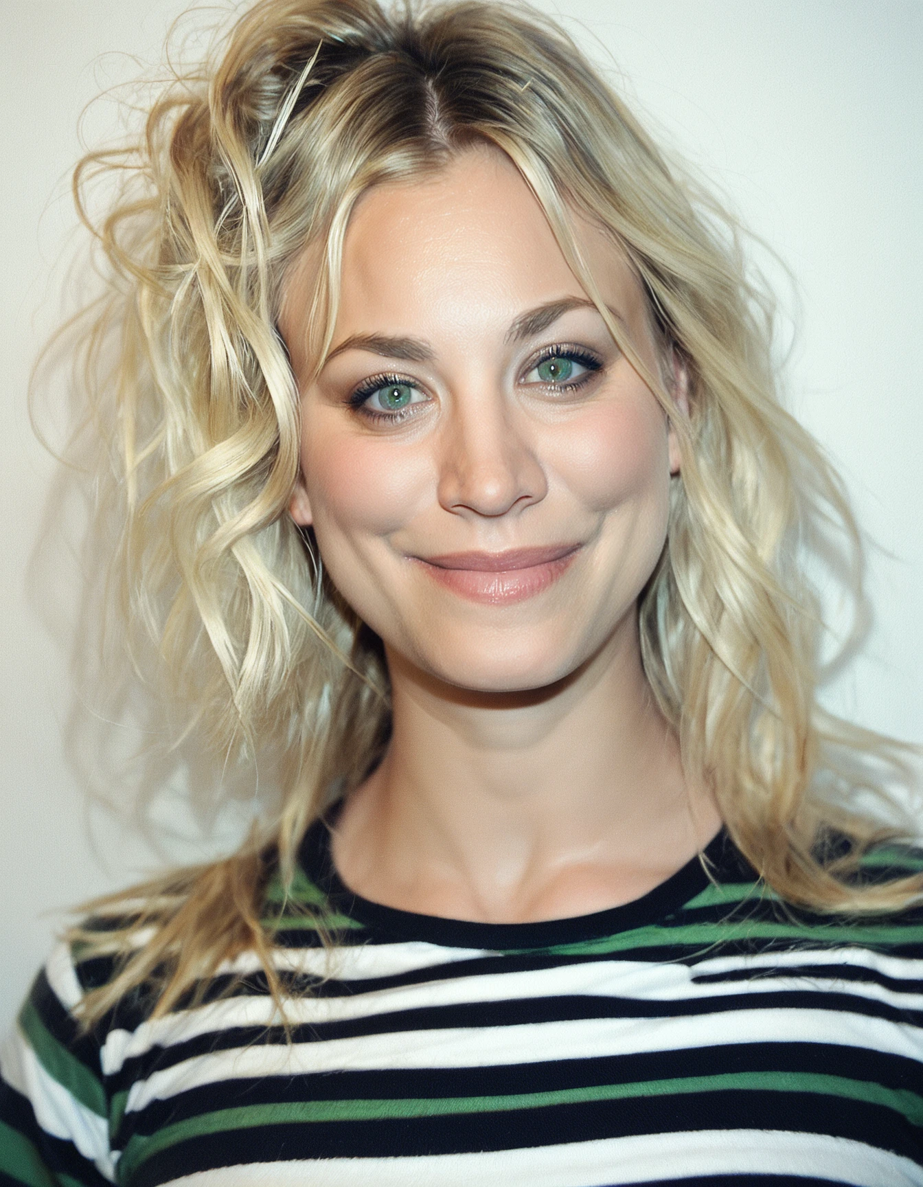 score_9, score_8_up, score_7_up, ohwx, 1girl, realistic, dutch angle, light-smile, blonde parted bangs, green eyes, <lora:CrunchyBanana_PONY_kaley_cuoco_v2:1>, white background, striped shirt, rating_safe