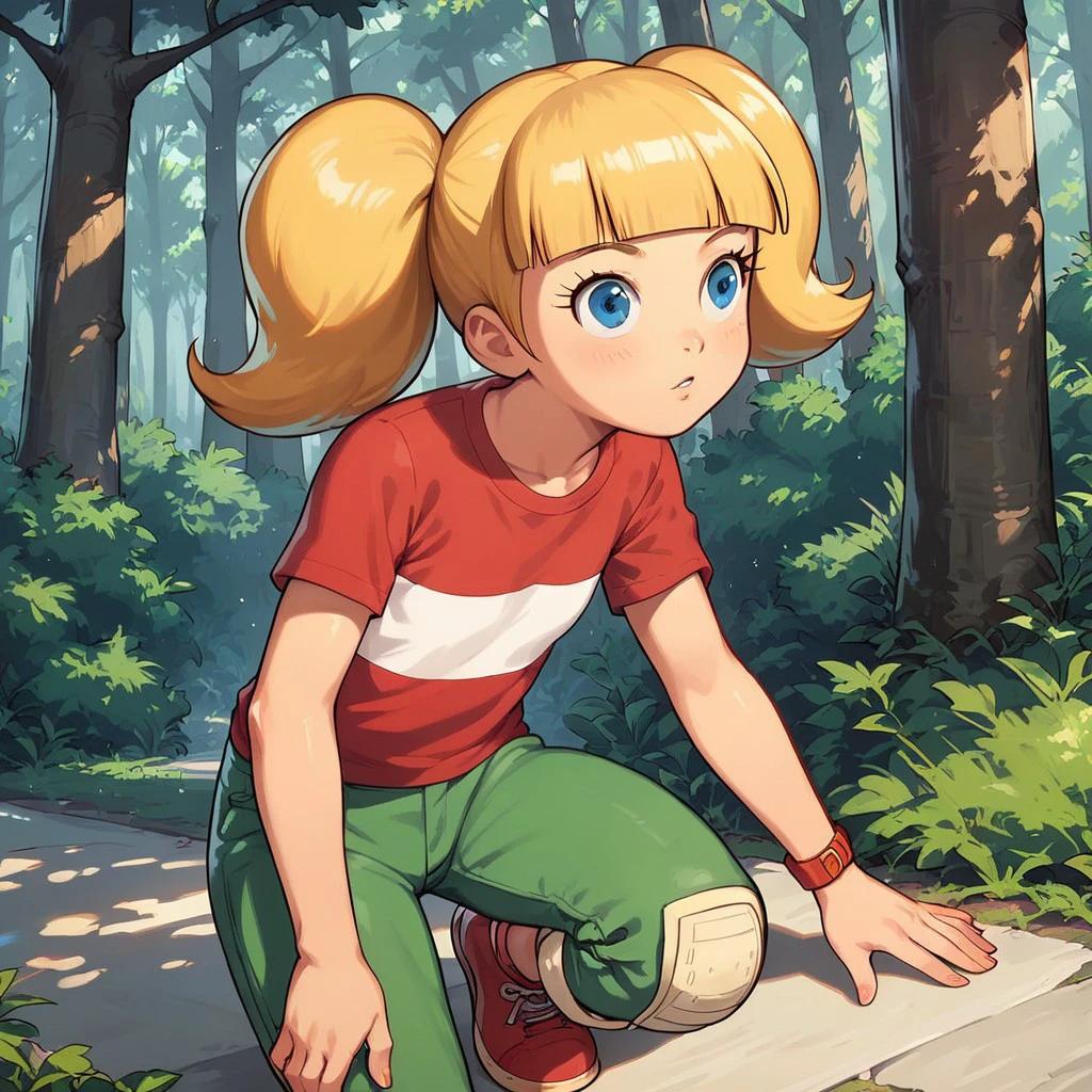 score_9, score_8_up, score_7_up, BREAK, penny_ig, blonde hair, twintails, blue eyes, red shirt, stripe, knee patch,, outdoors, forest, sunlight, shadows, natural lighting