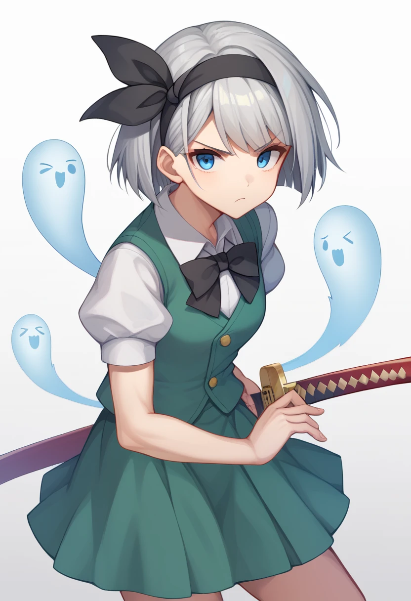 score_9,score_8_up,score_7_up,<lora:Draw_the_sword:1>,badao, konpaku youmu, konpaku youmu (ghost), 1girl, weapon, solo, sword, short sleeves, skirt, hairband, black hairband, green vest, green skirt, short hair, shirt, katana, vest, white shirt, puffy short sleeves, puffy sleeves, looking at viewer, blue eyes, holding, holding weapon, ribbon, white hair, holding sword, black bow, bow, sheath, black bowtie, grey hair, black ribbon, hair ribbon, collared shirt, hitodama, bowtie, v-shaped eyebrows, ready to draw, serious, white background, skirt set, closed mouth