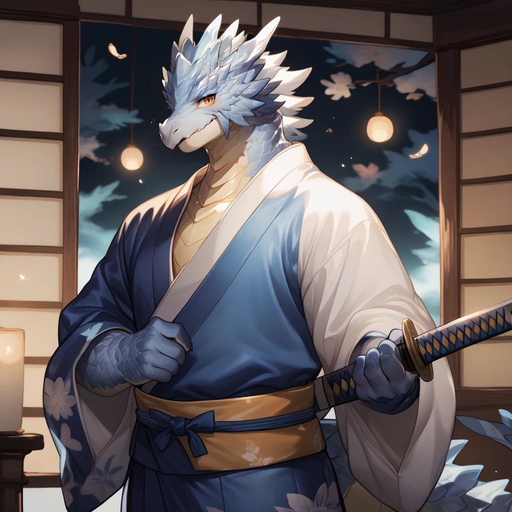 zPDXL,by kiyosan,by pgm300,(by bebebebebe:0.75),by milkytiger11145,
kemono,anthro,male,dragon,tail,scales,5fingers,
looking at viewer,smile,character design,mult view,standing,feathers,kimono,samuraisamurai,
<lora:Velkhana-XL-v2-000010>,velkhana,blue scales,katana,holding katana,