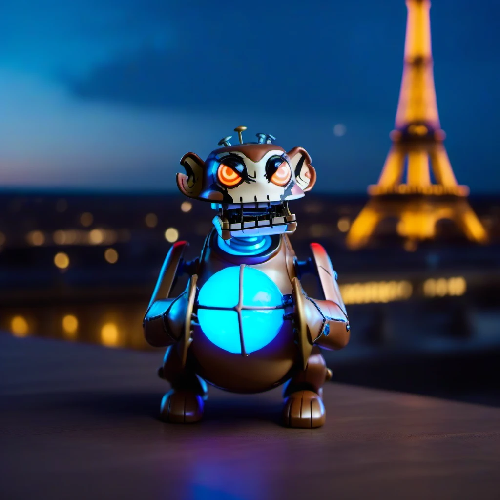 cinematic photo windup  robot, glowing eyes, glowing blue sphere necklace , eiffel tower <lora:Monkey1024:0.8> . 35mm photograph, film, bokeh, professional, 4k, highly detailed