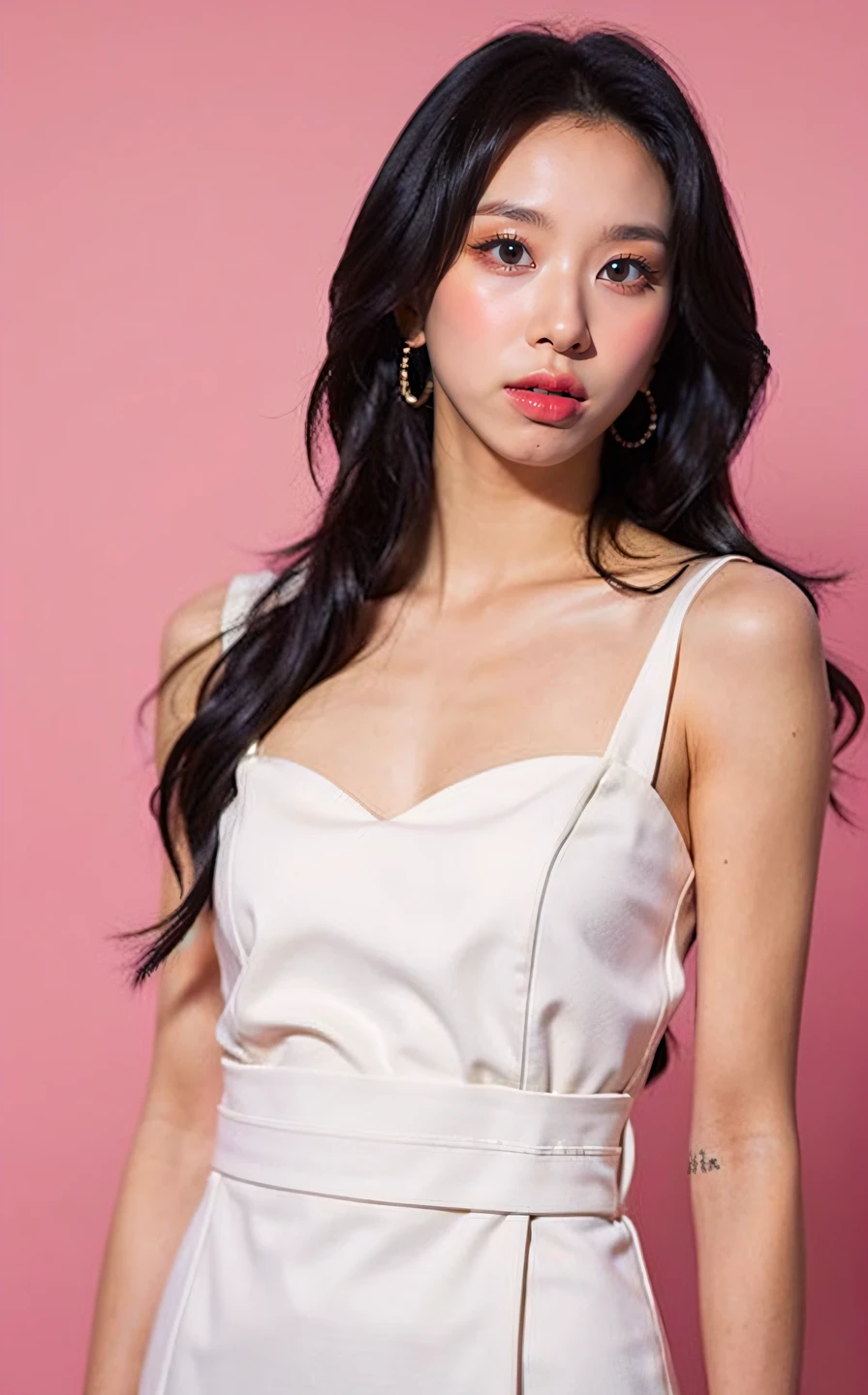 <lora:Chaeyoung_V2:1> Ch@ey0ung,, , (realistic), (hyperrealism), (photorealistic:1.4), 1girl, black hair, dress, hair ornament, lips, looking at viewer, makeup, pink background, realistic, ribbon, sleeveless, solo, standing, white dress