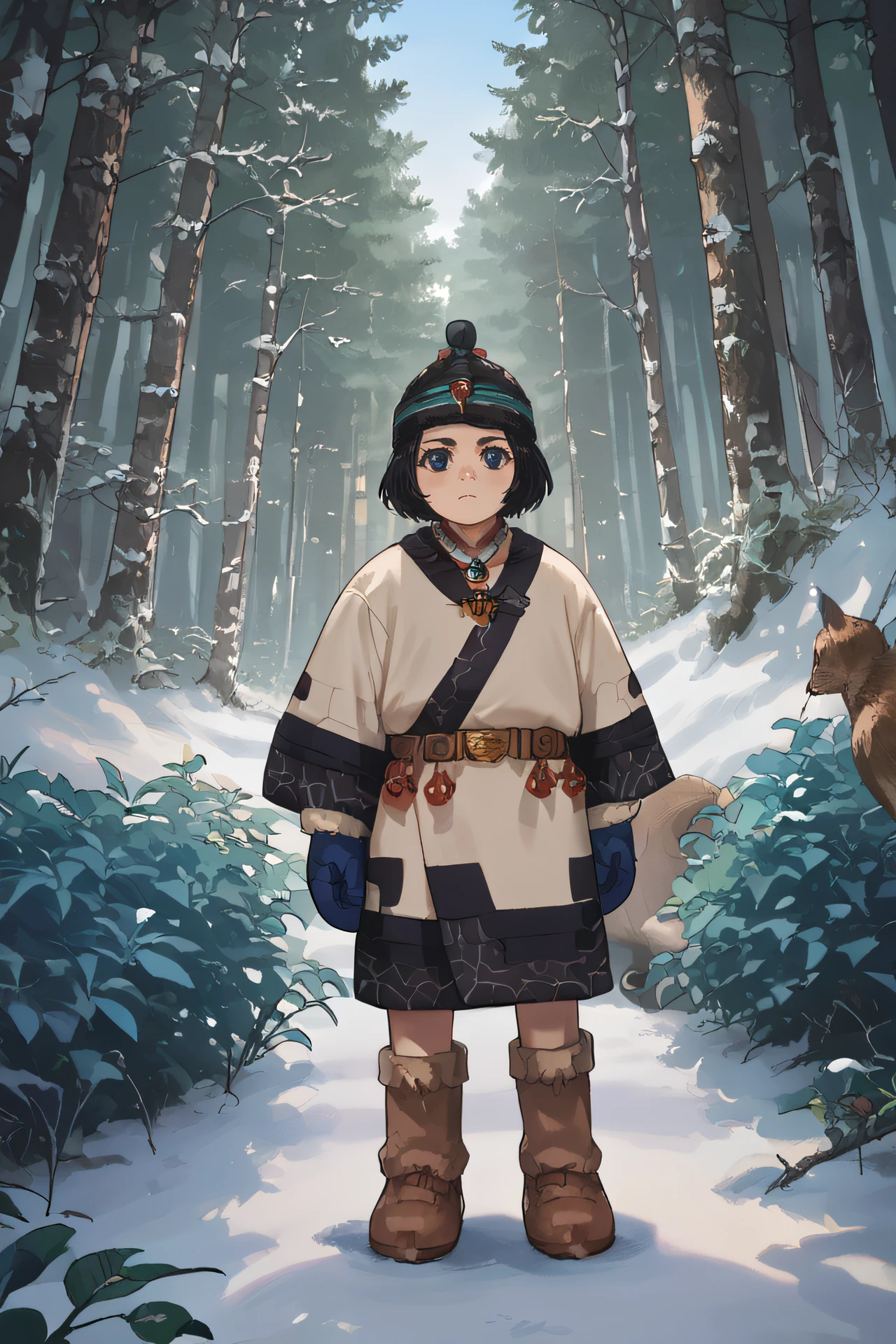 score_9, score_8_up, source_anime,
enonoka, blue eyes, short hair, black hair,
ainu hat, ainu clothes, jewelry, necklace, wide sleeves, boots, belt, brown footwear, blue mittens,
outdoors, forest, snow,
<lora:Smooth Style 2 SDXL_LoRA_Pony Diffusion V6 XL:0.8> <lora:enonoka:.9>