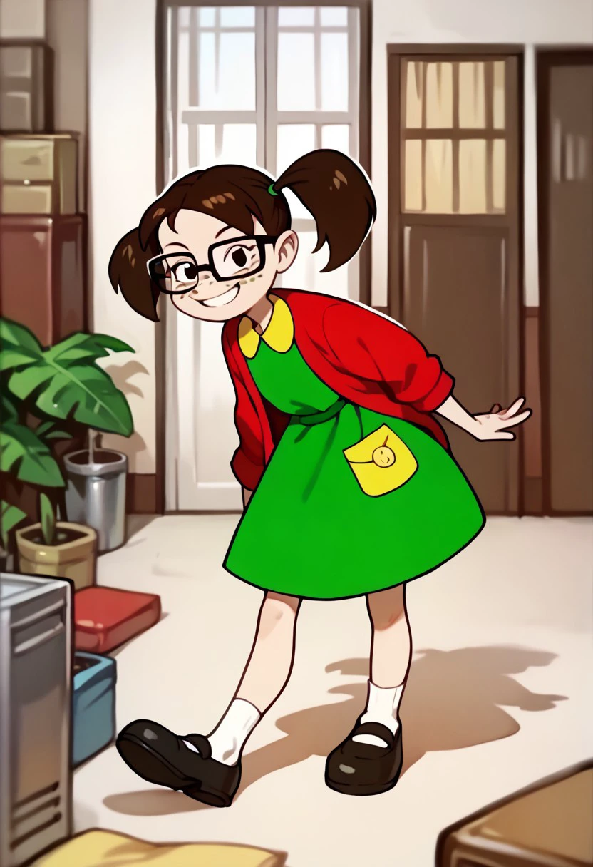 score_9, score_8_up, score_7_up BREAK Chilindrina, 1girl, dark brown hair, pigtails, black eyes, freckles, glasses, open red cardigan, yellow-collared green dress, yellow dress pocket, socks, black mary jane shoes, full body, smiling at viewer,