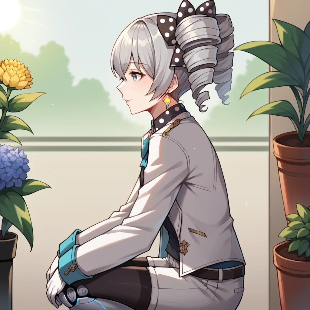 score_9_up, score_8_up, score_7_up, source_anime, masterpiece, best quality, 1girl, solo, Bronya, Bron_ReC, sun light, squatting, from side, legs together, hands on knees, looking at flower, gentle smile,  twin drills, white jacket, bronya zaychik, grey hair, long sleeves, polka dot bow, yellow earrings, black vest, belt, jewelry, blue bowtie, polo shirt, white shorts, mechanical legs, black legwear, white gloves, joints, dynamic cowboy shot, mature body, indoors, flowers, plants, trees, garden background