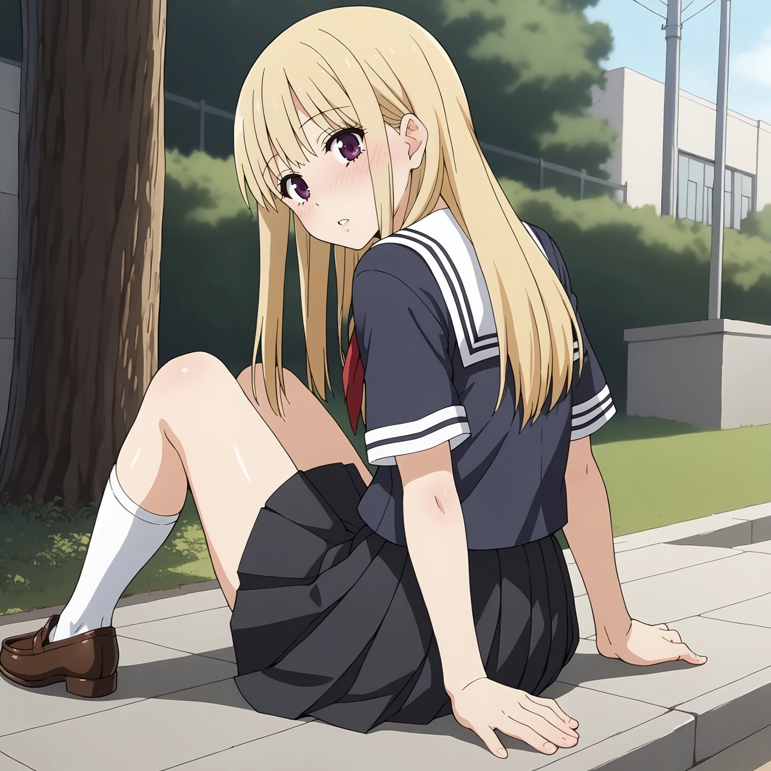 <lora:NBnSd_SanakaSuemoriXLpony003>,
parted lips,blush,
solo,
SanakaSuemori,1girl,blonde hair,long hair,red -purple eyes,
serafuku,black blue shirt,short_sleeves,
pleated_skirt,black skirt,
white socks,loafers,
outdoors,
full body,looking back,sitting,