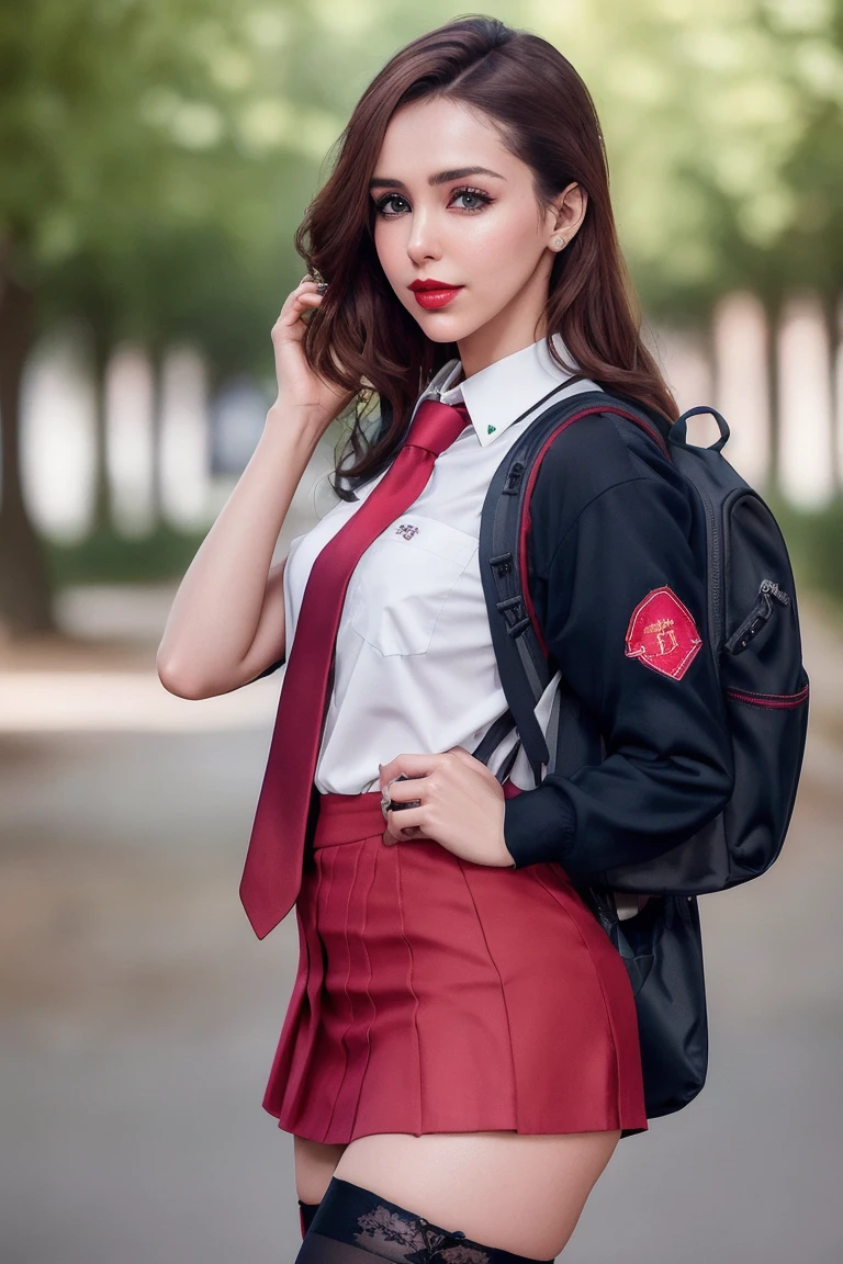 stefjo, ((detailed skin, detailed face):1.2), ((detailed eyes, beautiful eyes):1.2), ((red lipstick, eyeliner, eye shadow, blush)), , photo of a woman, college campus, trees, buildings, ((skirt, thighhighs, necktie, shirt, backpack, books)), (cowboy shot, waist, hips, thighs)