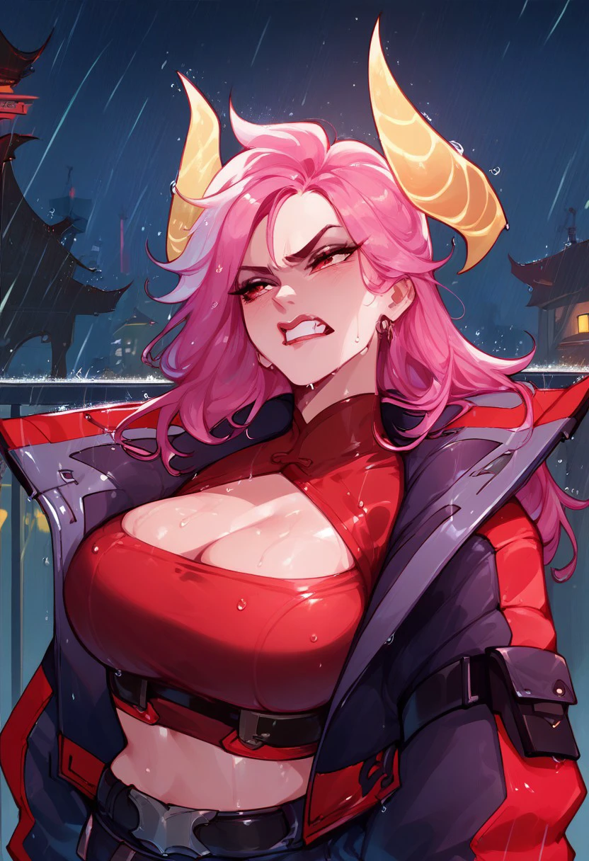 score_9, score_8_up, score_7_up, 1girl,  ultra detailed, LunaMF, large breasts, red eyes,pink hair, yellow glowing horns, crop jacket, night city, night lights, rain, wet, angry, gritted teeth,