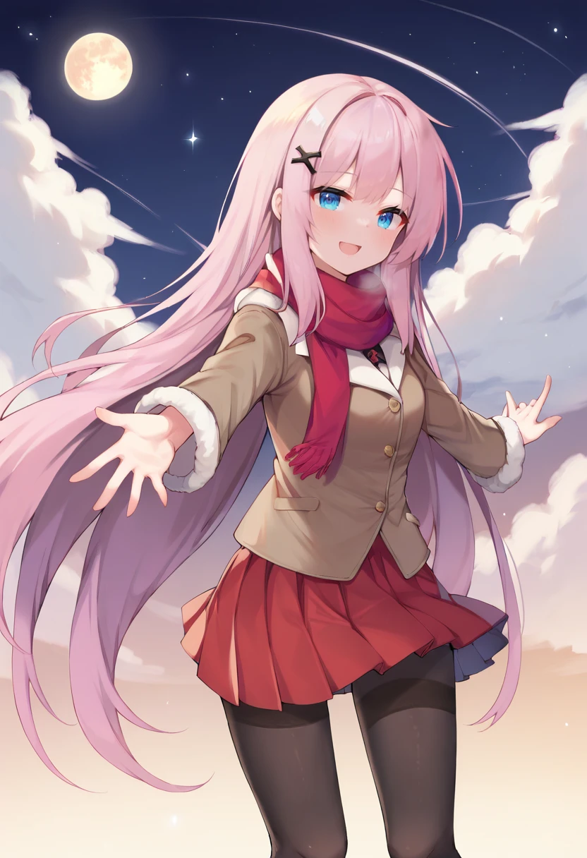 score_9, score_7_up, 1girl,
solo, shaded face, starry sky, moon, smile, standing, hair ornament, outstretched arms, star \(sky\), night sky, very long hair, fur trim, pantyhose, x hair ornament, brown jacket, scarf, black pantyhose, full moon, skirt, breath, sky, fur-trimmed sleeves, open mouth, cloud, red skirt, red scarf, long hair, :d, pink hair, long sleeves, pleated skirt, jacket, blue eyes, fringe trim, looking at viewer, outdoors, night
<lora:hecha_(01964237)-Style-PonyXL-DoRA-000044:1>