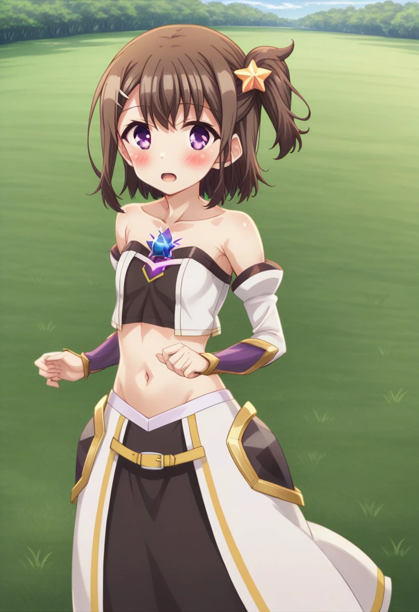 fate kaleid liner prisma illya, mimi katsura, asymmetrical bangs, gemstone, blue gemstone, 1girl, solo, navel, hair ornament, brown hair, star (symbol), purple eyes, star hair ornament, open mouth, blush, magical girl, bare shoulders, looking at viewer, short hair, armor, grass, holding, detached sleeves, hobble dress,Long skirt,high-waist skirt, midriff, collarbone, one side up