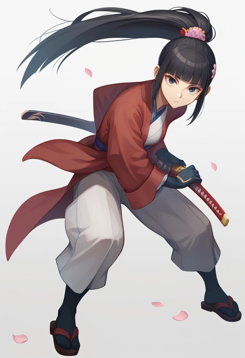 score_9,score_8_up,score_7_up,<lora:Draw_the_sword:1>,badao, weapon, 1girl, fighting stance, solo, sword, long hair, japanese clothes, holding weapon, katana, ponytail, holding, holding sword, black hair, hair ornament, petals, sheath, looking at viewer, simple background, full body, ready to draw, pantyhose, gloves, blunt bangs, white background, sandals, flower