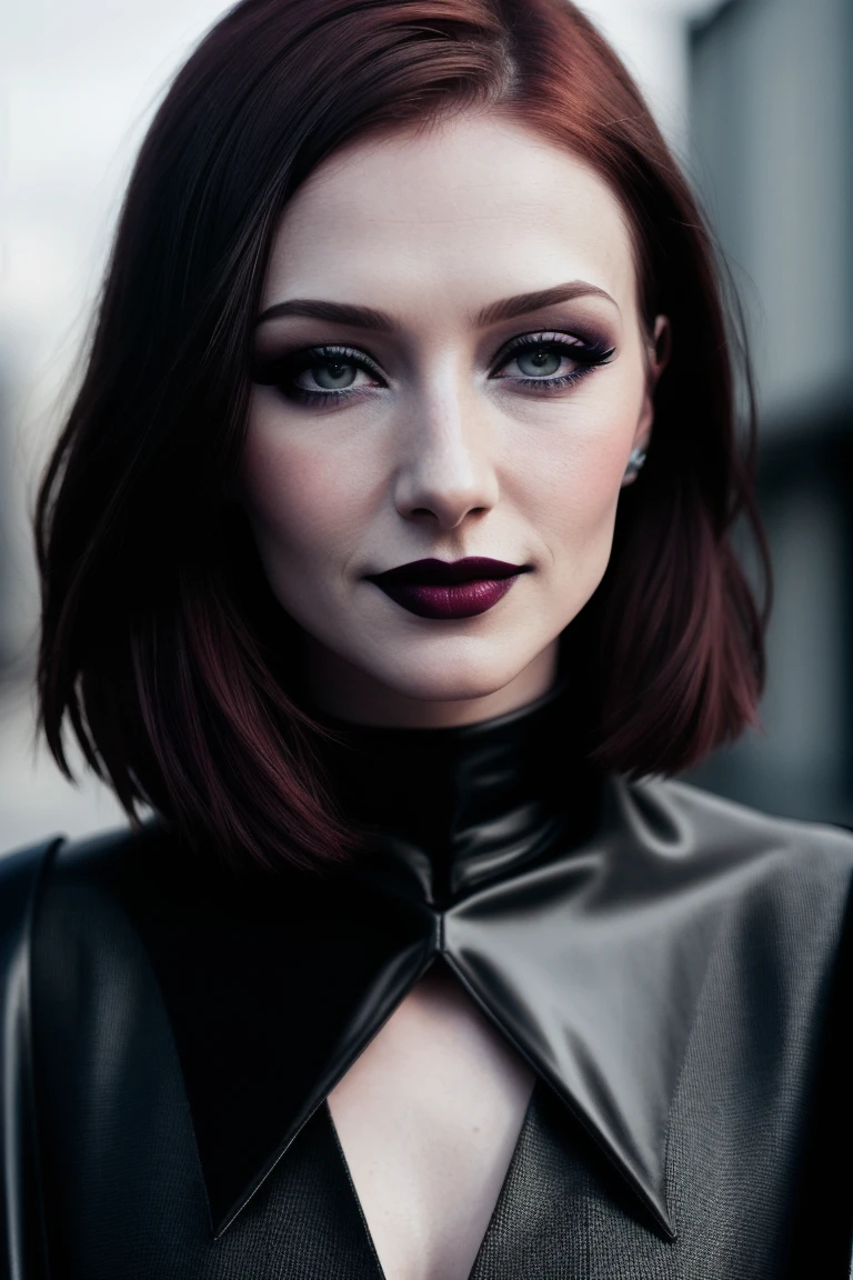 caricevanhouten, ((detailed skin, detailed face,detailed eyes, beautiful eyes)), ((red lipstick, blush, eye shadow, eyeliner, pale skin)),  ,photo of a woman, RAW, close portrait photo, ((black bodysuit, cape)),((short hair, dark red hair)), ((outdoors, detailed scifi city, walking)), slim body, 8k uhd, dslr, soft lighting, high quality, film grain, Fujifilm XT3 sharp focus, f 5.6,((black lipstick, heavy eyeliner, heavy eye shadow, goth makeup, pale skin)) , smiling