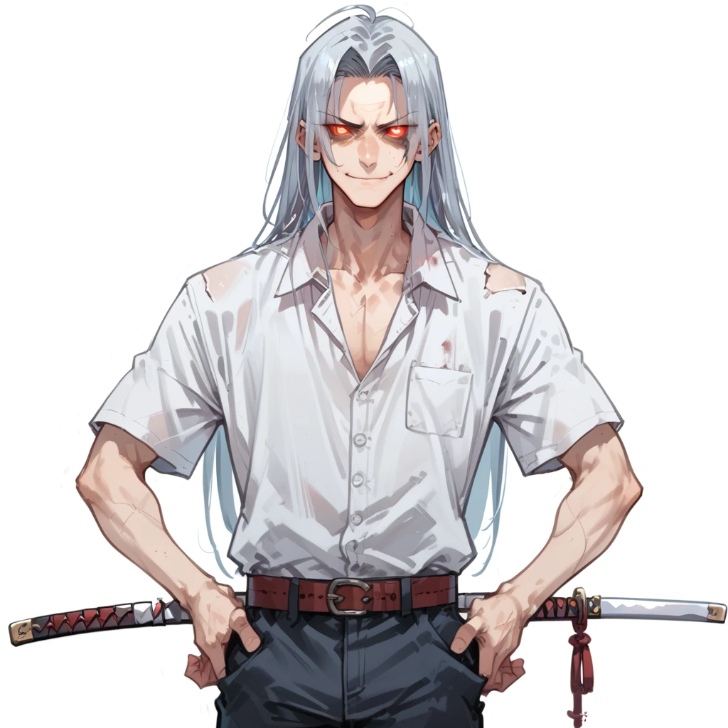 shin natsume, tenjo tenge, ah1, 1boy, long hair, gray hair, parted bangs, score_9, score_8_up, score_7_up, score_6_up, source_anime, white shirt, simple background, <lora:Shin_Natsume_from_Tenjo_Tenge:1>, (standing tall with a slight lean forward, hands resting on hips, smirk, exuding dominance and allure), (deserted hospital, empty corridors, broken equipment, haunting atmosphere), red eyes, glowing eyes, evil smile, holding katana,