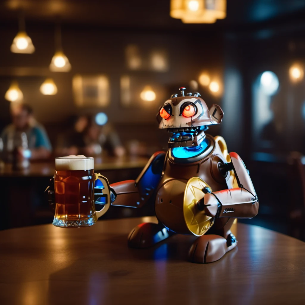 cinematic photo cinematic photo a full body robot, glowing eyes, having a beer in a pub  <lora:Monkey1024:0.8> . 35mm photograph, film, bokeh, professional, 4k, highly detailed . 35mm photograph, film, bokeh, professional, 4k, highly detailed