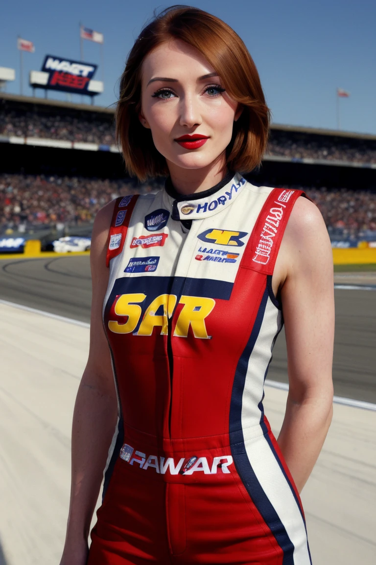 caricevanhouten, ((detailed skin, detailed face,detailed eyes, beautiful eyes)), ((red lipstick, blush, eye shadow, eyeliner, pale skin)), photo of a woman, ((short hair, nascar outfit, nascar jumpsuit, race car, race track, outdoors)), (cowboy shot, waist, hips, thighs)