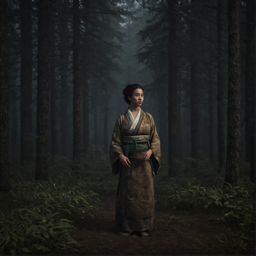 Edo, Shogun, Japanese Edo period, (Japanese feMale, Japanese Clothing), Front-facing, Front, moody forest, (UHD, 8K, ultra detailed, looking at the camera, highly detailed, best quality, best aesthetic, high detail, amazing detail, masterful, work of a master, highly detailed background, shallow depth of field, photorealistic, RAW image, 
8k high resolution, ray tracing, realistic, mid day, volumetric lighting), badneg-xl, medium shot, mid shot, 