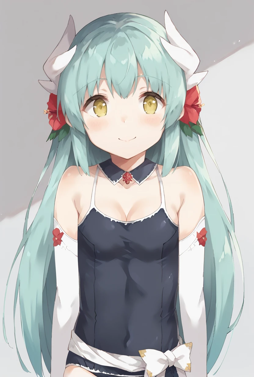 score_9,score_7_up, <lora:kiyohime_(lancer)_XL_1:1>  bbkiyo, long hair, aqua hair, white horns, hair flower, red flower, yellow eyes, detached collar, cleavage, school swimsuit, blue one-piece swimsuit, elbow gloves, white gloves, white sash, blush, smile   <lora:gyuunyuu_nomio-Style-PonyXL-DoRA-000043:1>