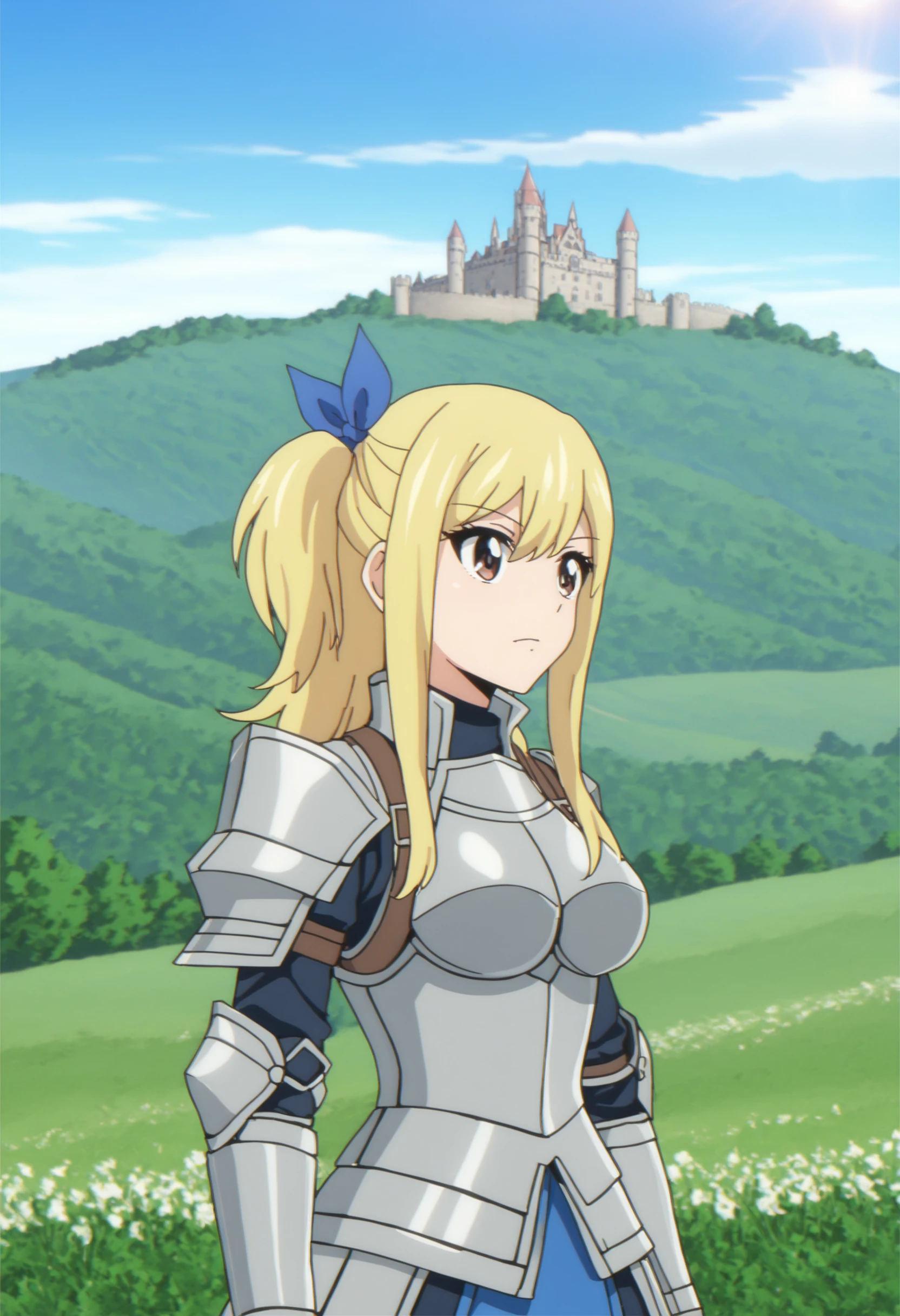 <lora:Lucy Heartfilia - [Fairy Tail - 100 Years Quest] - SDXL Version 1:1>,  sysdeep_lucy100, solo, breasts, ribbon, closed_mouth, medium_breasts, hair_ribbon, sidelocks, side_ponytail, blue_ribbon, metal_armor, knight, hill, castle, outdoors, sun, day