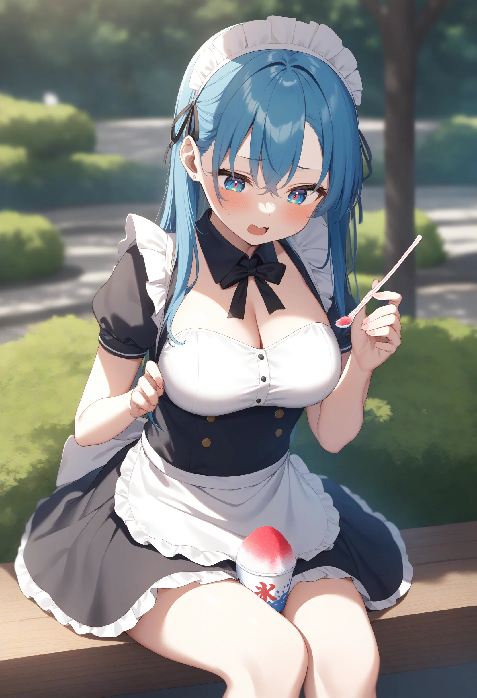 1girl,sincos, ningen mame, toosaka asagi,solo,large breasts,20yo,maid,maid headdress,
shaved ice,<lora:shavedice_XL_v1:0.8>
holding drinking straw, spoon straw, eating,
from side, feet out of frame, looking down, blue hair, gray eyes,seductive smile, botanical garden, open mouth, lightly curled inwards hair,,
best quality, very aesthetic, absurdres