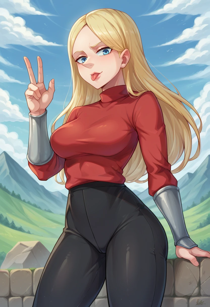 score_9,score_8_up,score_7_up BREAK <lora:Hiling:0.8>,queen hilling,1girl,solo,long hair,blue eyes,vambraces,blonde hair,shirt,pants,sweater,turtleneck,black pants,red shirt,tight,landscape background,cowboy shot,v,tongue out,