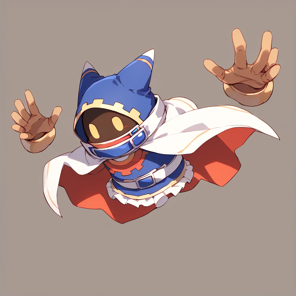 <lora:Magolor:1> (no humans:1), cape, belt, dark skin, (floating limbs:1), hood, yellow eyes,