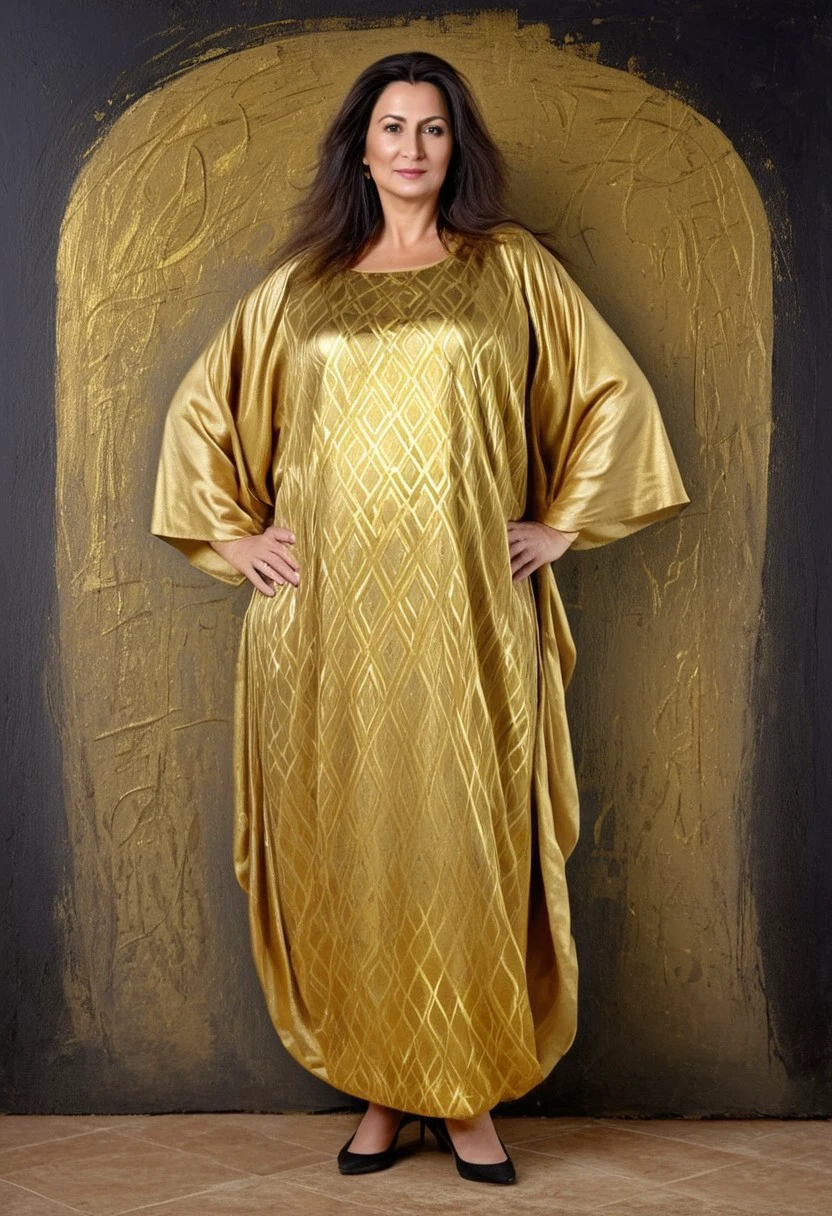 Full body portrait of an attractive European Caucasian 45 years old mature chubby beautiful woman wear gold tunic, long hairs, saggy enormous breasts, surreal abstract forms, figure abstract, dark mooted background colors, fayoum painting