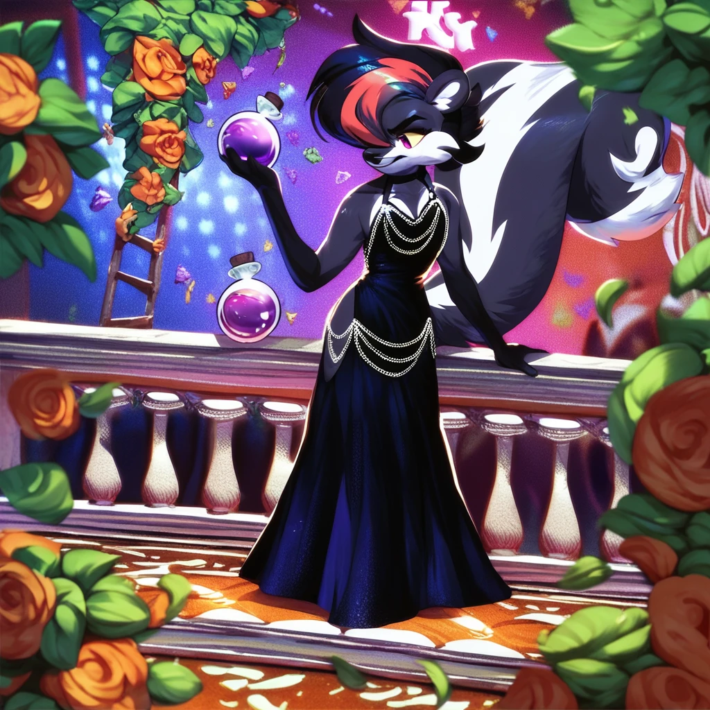 score_9, score_8_up, score_7_up, score_6_up, score_5_up, score_4_up, salem the skunk, full body, standing, holding potion, nighttime, party, detailed background, gala, railing, marble column <lora:salem:1> purple albedo dress with black chains <lora:AlbedoDress:0.85>