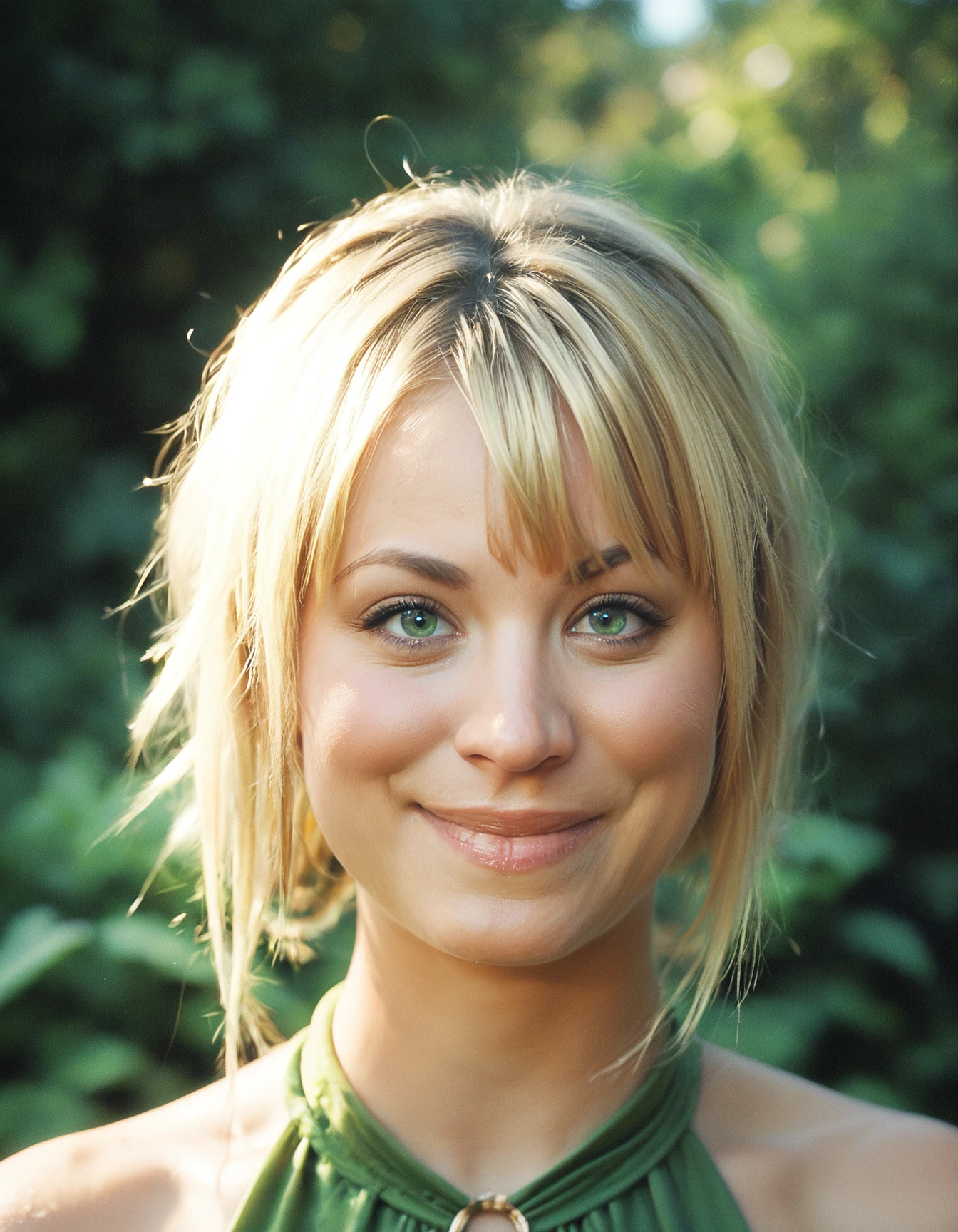score_9, score_8_up, score_7_up, ohwx, 1girl, realistic, upper body, light-smile, blonde diagonal bangs, green eyes, <lora:CrunchyBanana_PONY_kaley_cuoco_v2:1>, outdoors, halter dress, rating_safe