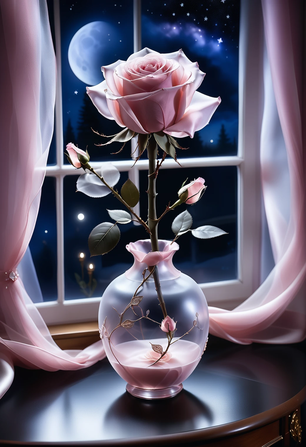 1 single rose as silky as if it is made out of reij-rsrgnz <lora:RoseOrganza-000006:1>, in a vase in front of an open window by moonlight surrounded by stardust, night, dark, the single rose in focus,