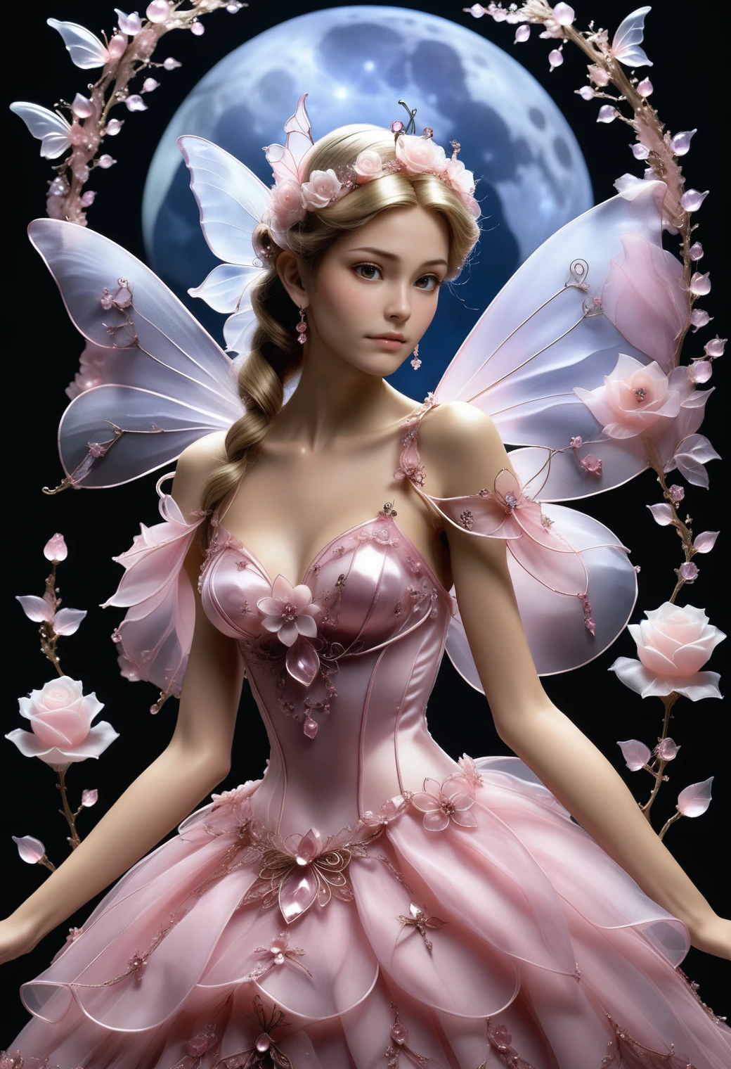 1 fairy dressed in reij-rsrgnz <lora:RoseOrganza-000006:1>, by moonlight surrounded by stardust, night, dark, surrounded by roses made of reij-rsrgnz