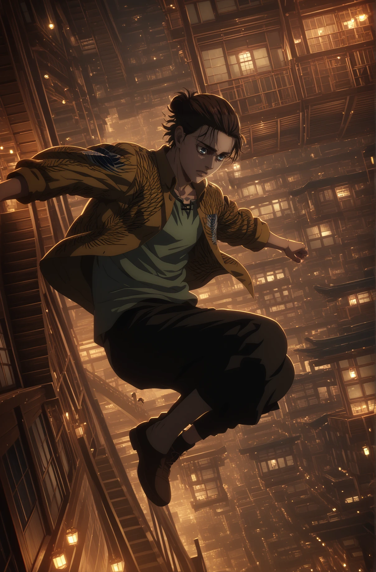 score_9, score_8_up, score_7_up, score_6_up, source_anime,  <lora:infinity castle:0.85> building, scenery, night, spark , dark,  bridge, stairs, motion blur,  crossed arm pose,   falling, japanese interior, 1boy, solo, <lora:eren_yeager_s4_pony:0.65> eren_yeager_s4, brown hair, blue eyes, short hair, hair bun, single hair bun || long jacket