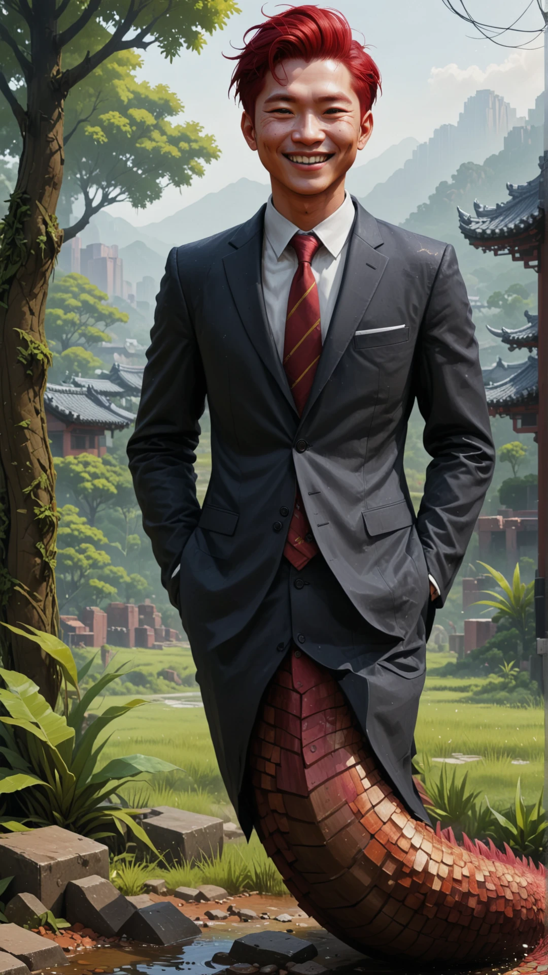 <lora:NagaSDXL:1.0>digital illustration, naga, man, working as a salaryman, fullbody, grinning, red hair, Asian skin, in pixelated landscape