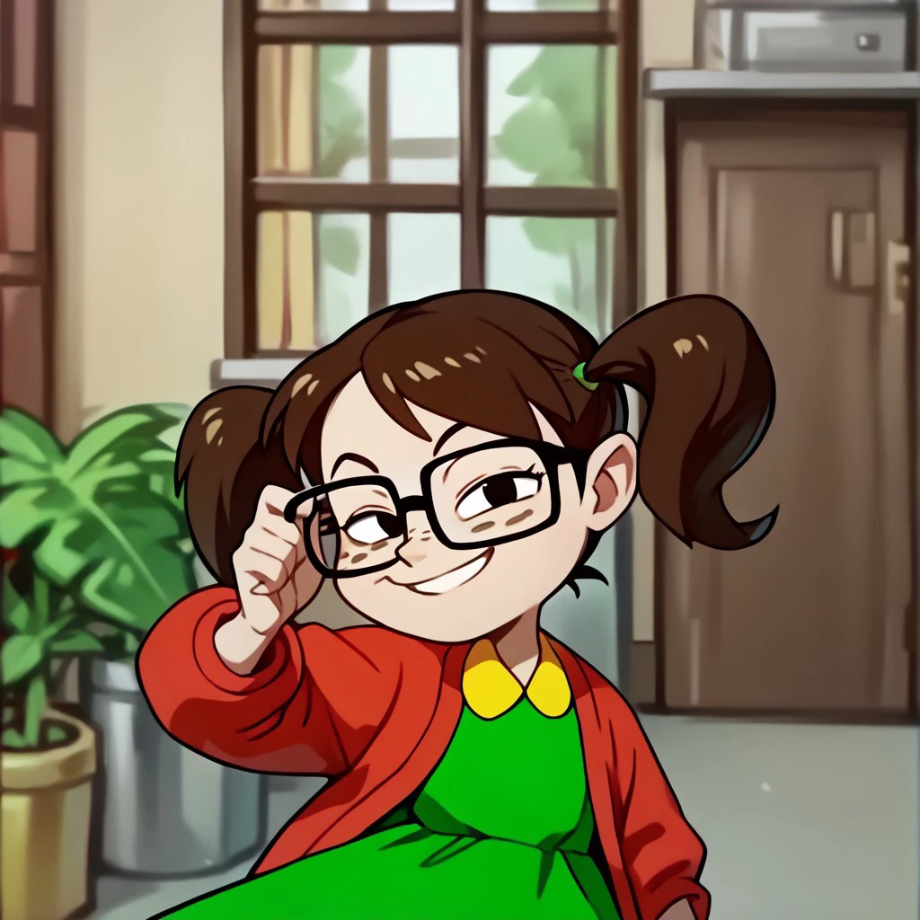 score_9, score_8_up, score_7_up BREAK Chilindrina, 1girl, dark brown hair, pigtails, black eyes, freckles, glasses, open red cardigan, yellow-collared green dress, yellow dress pocket, socks, black mary jane shoes, smiling at viewer,