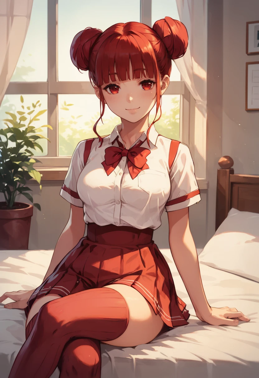 masterpiece,best quality, highly detailed, score_9, score_8_up, score_7_up, score_6_up, 1girl, sunlight, depth of field, dynamic pose, smiling, <lora:StS_detail_slider_release_two_v3:0.5> <lora:Test:0.5> shunka,  <lora:shunka:0.8>  red bedroom, sitting in bed, crossing legs, shunka, double bun, red eyes, red hair, blunt bangs, school uniform, red skirt, thighhighs, medium breasts, bow