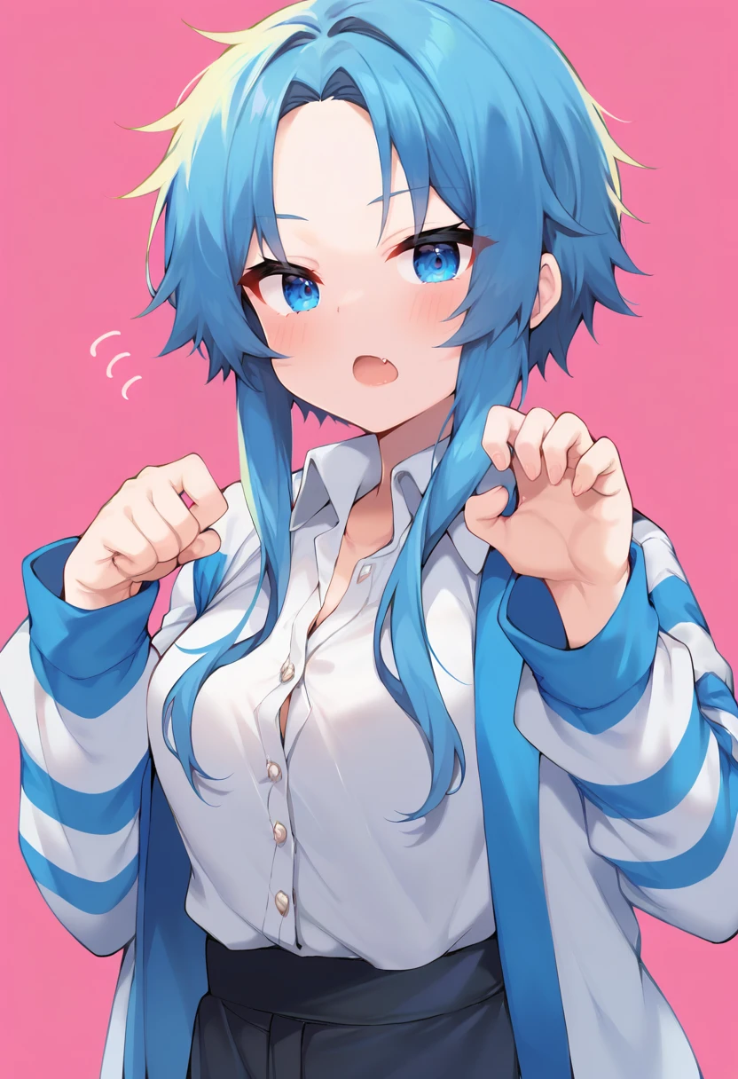 score_9, score_7_up, 1girl,
white shirt, solo, blue hair, jacket, blue eyes, shirt, forehead, striped jacket, open clothes, parted bangs, fang, paw pose, short hair with long locks, open jacket, unbuttoned, white jacket, white stripes, long hair, striped clothes, looking at viewer, blush, skin fang, blue jacket, tsurime, long sleeves, pink background, :o, very long hair, chestnut mouth, upper body, hand up, open mouth
<lora:hecha_(01964237)-Style-PonyXL-DoRA-000044:1>