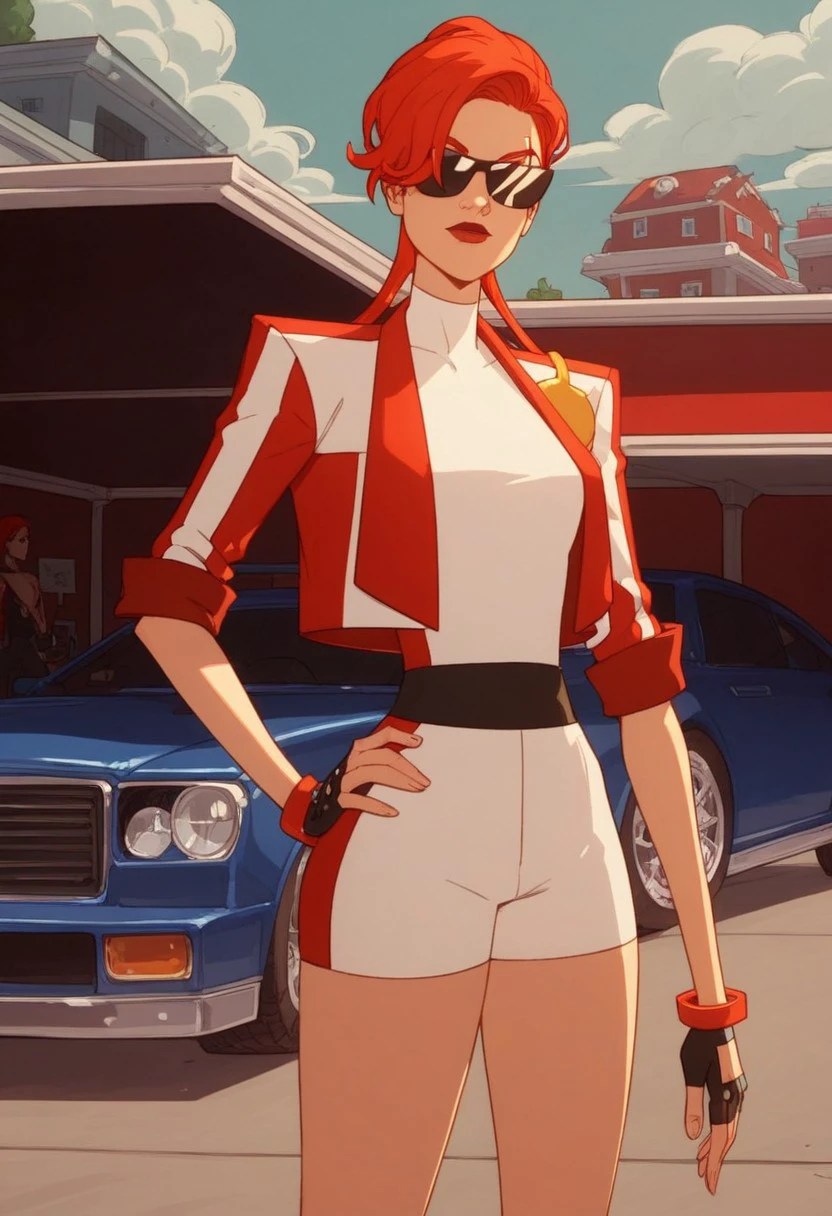 Score_9_up, score_8_up, score_7_up, BREAK, Expressiveh, 1girl, solo, no2mtcy, red hair, sunglasses, jacket, facial scar, bike shorts, bracelet, fingerless gloves, hand on hip, garage
