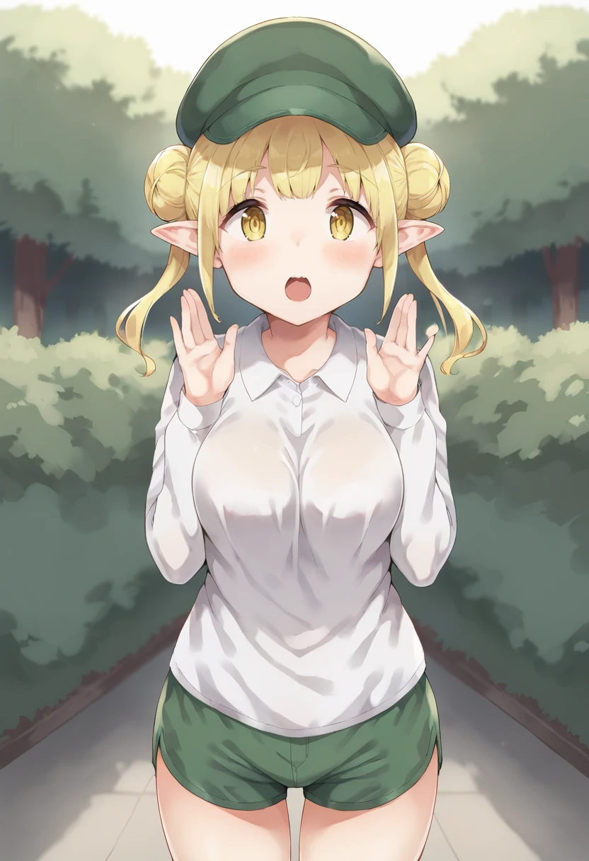 score_9, score_7_up,  1girl, 
big breasts, green hat, standing, collared shirt, green shorts, shirt tucked in, bush, breasts, hair bun, long sleeves, looking at viewer, :<, hat, shorts, twintails, tareme, blush, jitome, dot nose, hands up, triangle mouth, puffy shorts, solo, bunting, blonde hair, yellow eyes, medium breasts, shirt, white shirt, double bun, pointy ears, open mouth
 <lora:gyuunyuu_nomio-Style-PonyXL-DoRA-000043:1>