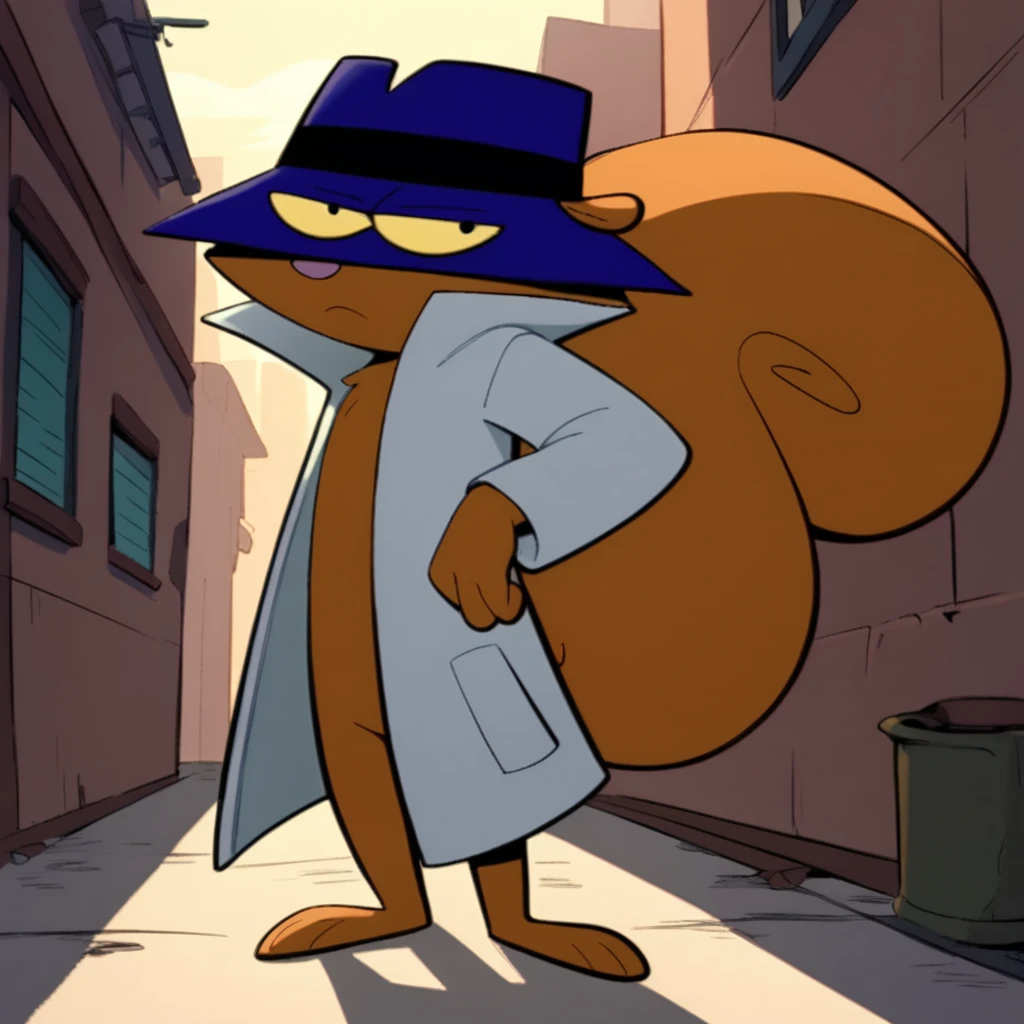 score_9,score_8_up,score_7_up, 1boy,
SSSSQ, squirrel, spy hat, trench coat, opening coat, dark alley, full body