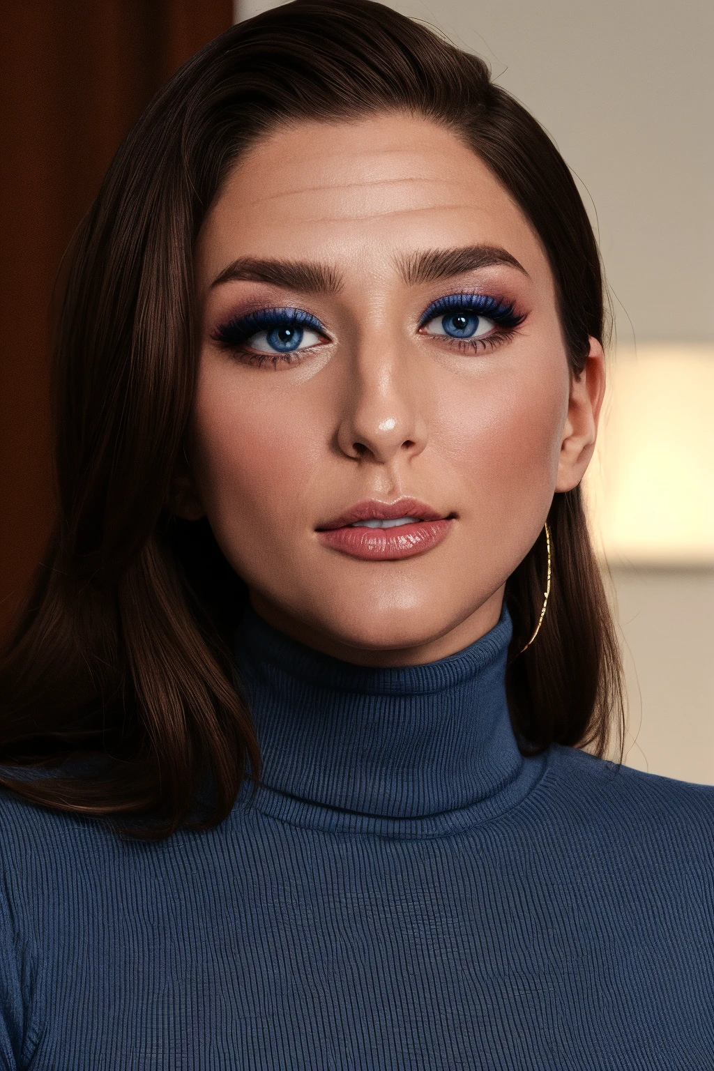 mndngwmn, (blue eyes:0.2),turtleneck sweater, , (ultra realistic, 8k,high quality), natural lighting, (wearing makeup:1.1),