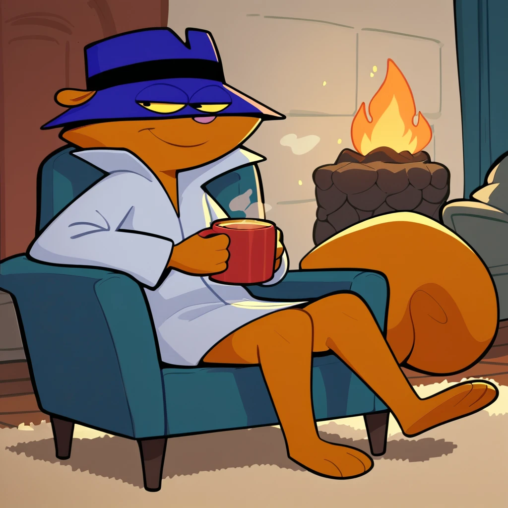 score_9,score_8_up,score_7_up, 1boy, SSSSQ, squirrel, spy hat, trench coat, full body, 3 toes,
In a living room, holding a steamy mug, ((sitting in a fancy sofa chair)), ((near fireplace)), relaxed smile