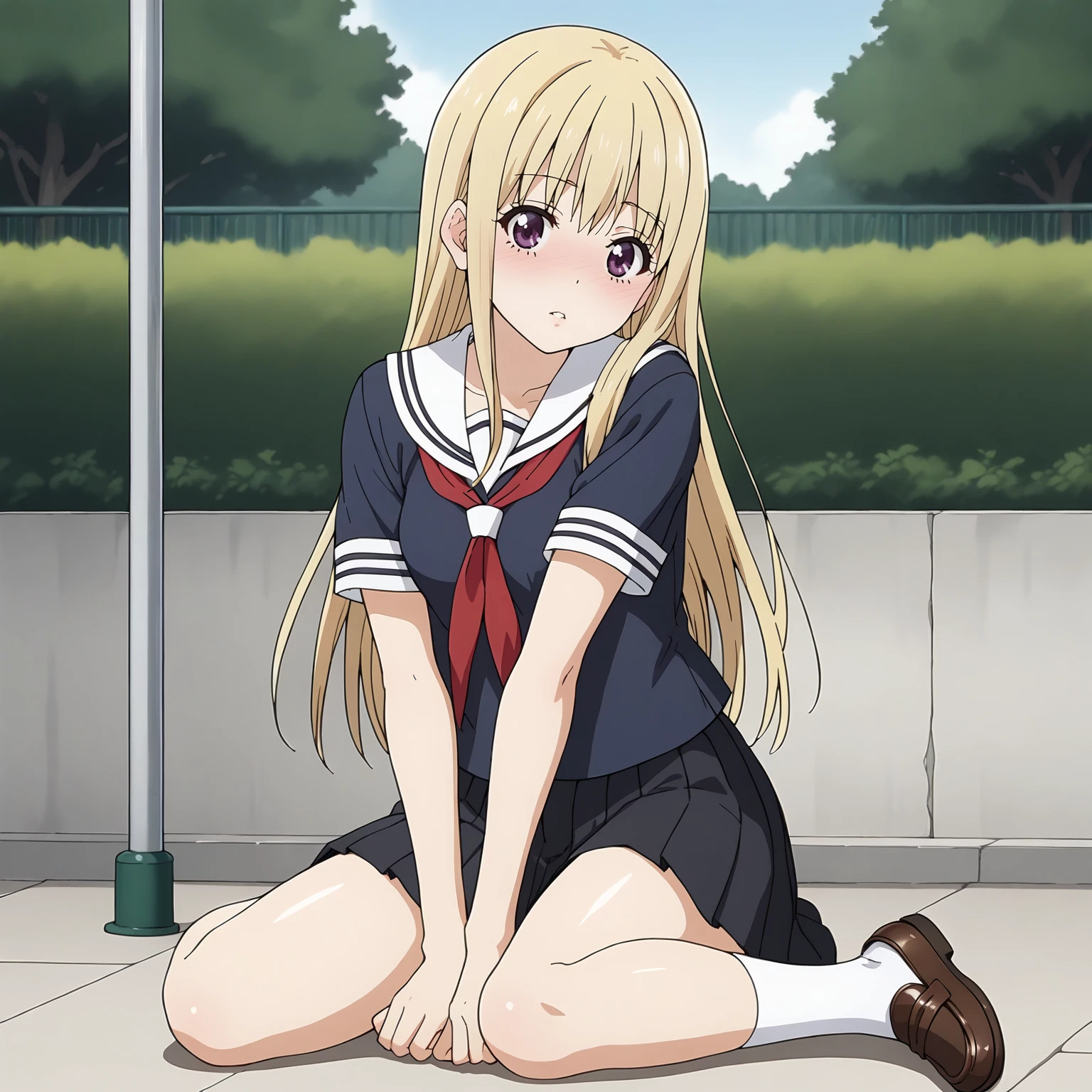 <lora:NBnSd_SanakaSuemoriXLpony003>,
parted lips,blush,
solo,
SanakaSuemori,1girl,blonde hair,long hair,red -purple eyes,
serafuku,black blue shirt,short_sleeves,
pleated_skirt,black skirt,
white socks,loafers,
outdoors,
full body,sitting,