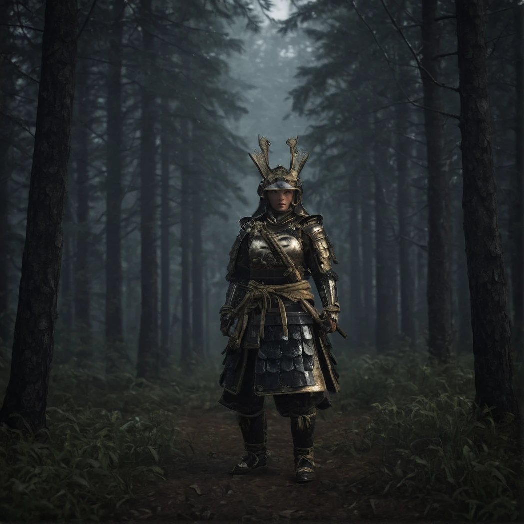 Edo, Shogun, Japanese Edo period, Japanese feMale, Samurai armor, Front-facing, Front, moody forest, (UHD, 8K, ultra detailed, looking at the camera, highly detailed, best quality, best aesthetic, high detail, amazing detail, masterful, work of a master, highly detailed background, shallow depth of field, photorealistic, RAW image, 
8k high resolution, ray tracing, realistic, mid day, volumetric lighting), badneg-xl, 