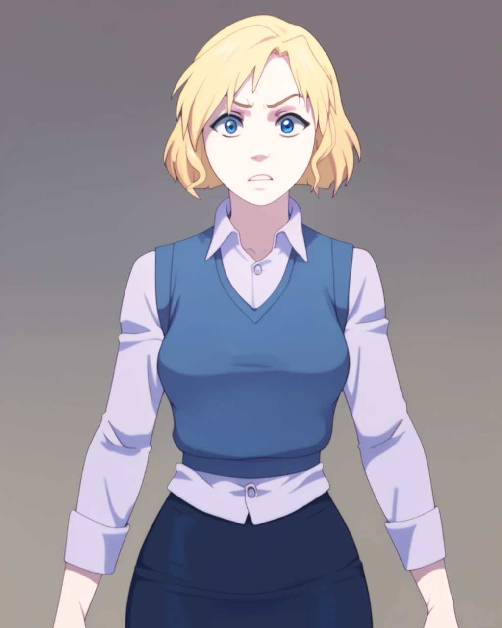 Score_9, score_8_up, score_7_up, BREAK, solo, 1girl, sarah dubois, short hair, blonde hair, blue hairband, blue sweater vest, long sleeve purple shirt, pencil skirt, heels, front view