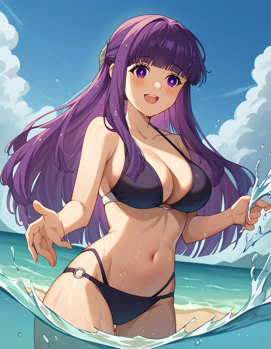 score_9, score_8_up, score_7_up, source_anime, <lora:fern-s1-ponyxl-lora-nochekaiser:1>, fern, long hair, bangs, purple eyes, purple hair, sidelocks, blunt bangs, bright pupils, half updo, large breasts, <lora:multi-strapped-bikini-ponyxl-lora-nochekaiser:1>, multi-strapped bikini, bikini swimsuit,, beach, wet, navel, stomach, submerged, splashing, smile, blush, open mouth,, dutch angle, cowboy shot,