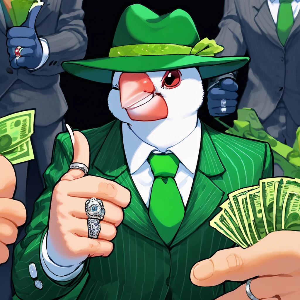 <lora:bunchos:1> buncho, animal, no humans, anthro,   <lora:gangstersb-guy-PONYv1:0.8> gangstersb, thumbs up, one eye closed, grin, smile, money, holding money, portrait, cropped torso, ring, formal, hat, green headwear, necktie, suit, striped, looking at viewer