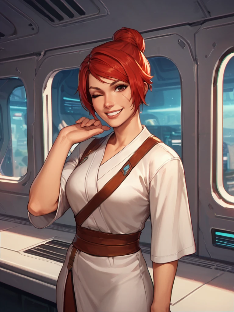 score_9, score_8_up, score_7_up, kiracarsen, scar on face, short red hair, hair bun, 1girl, jedi robes, looking at viewer, one eye closed, smiling, cowboy shot, spaceship interior